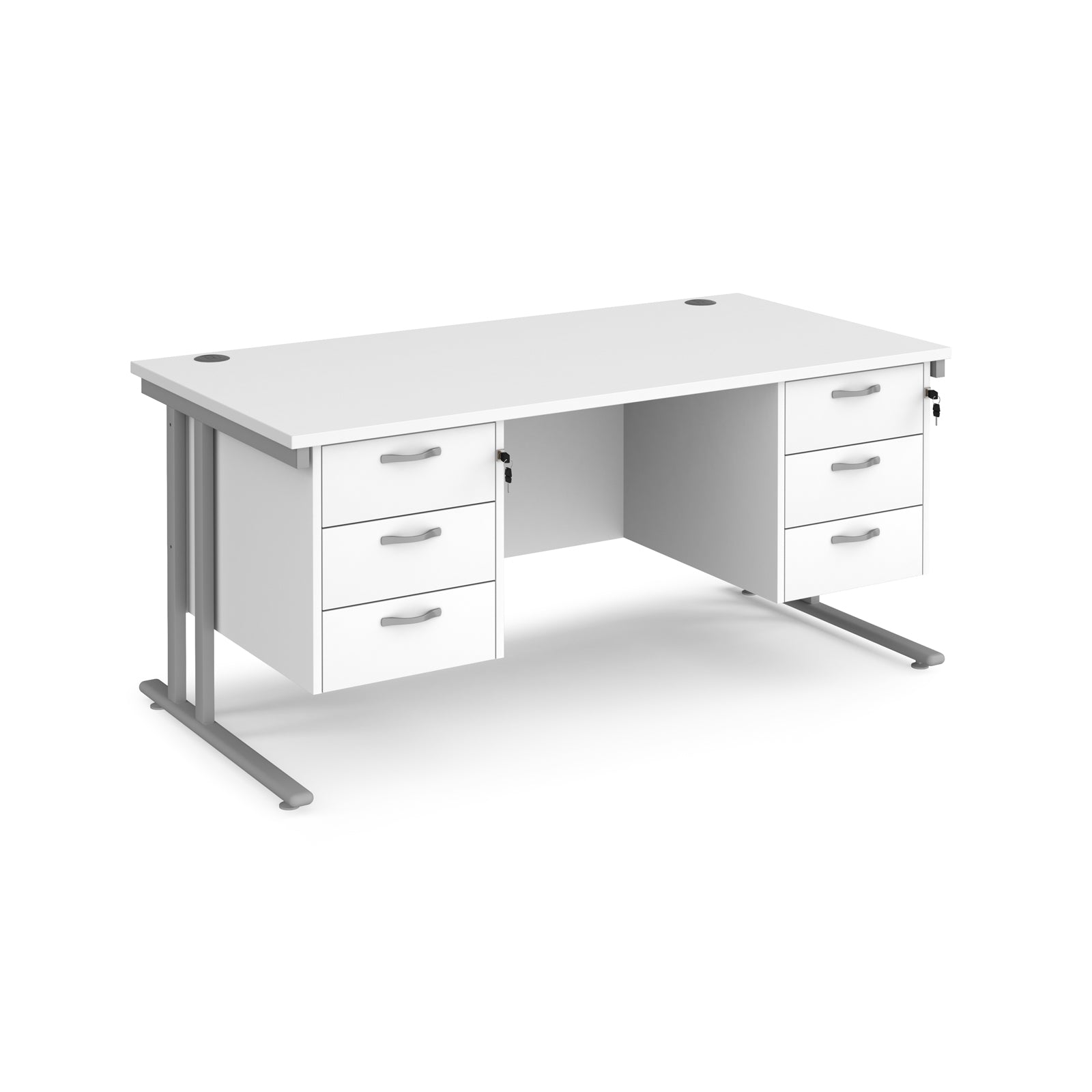 Office desk with white top and two matching pedestals with silver frame on a white background