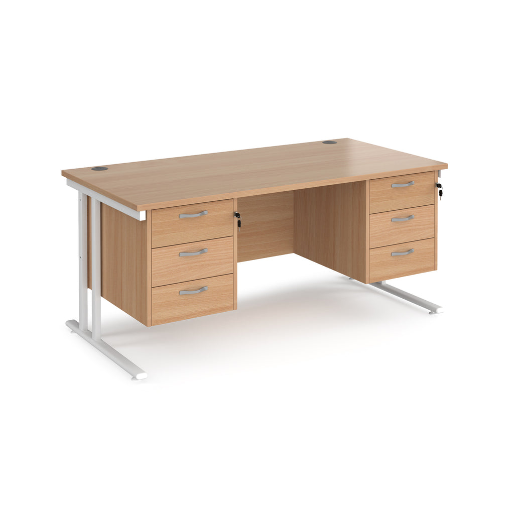 Office desk with wood-effect top and two matching pedestals with white frame on a white background