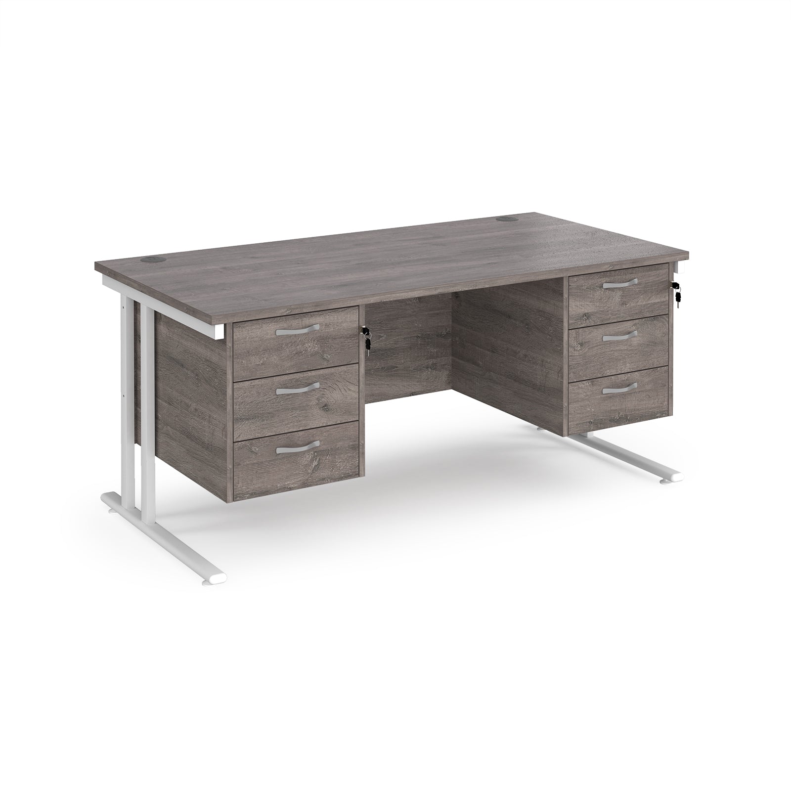 Office desk with grey wood-effect top and two matching pedestals with white frame on a white background