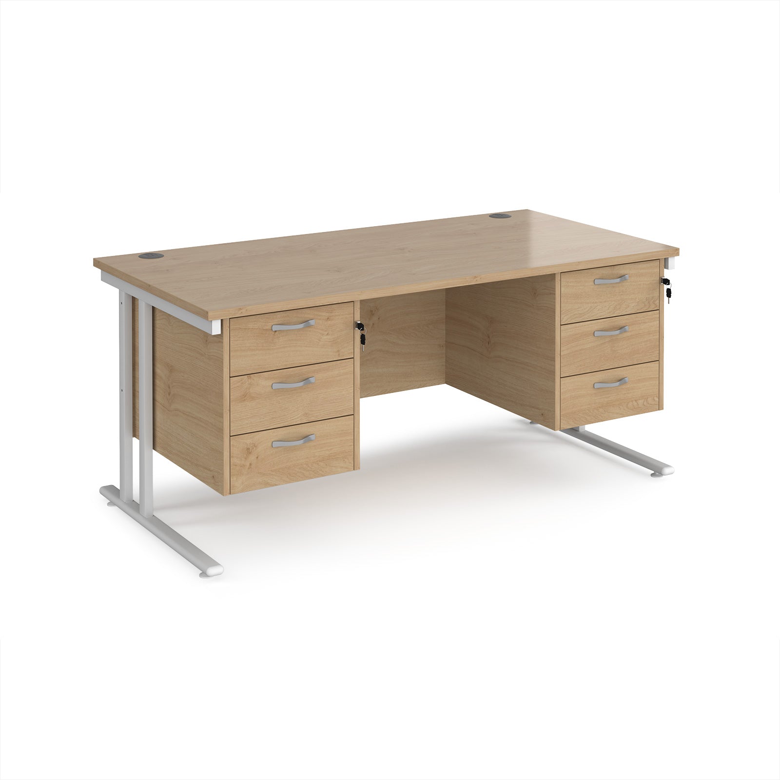 Office desk with wood-effect top and two matching pedestals with white frame on a white background
