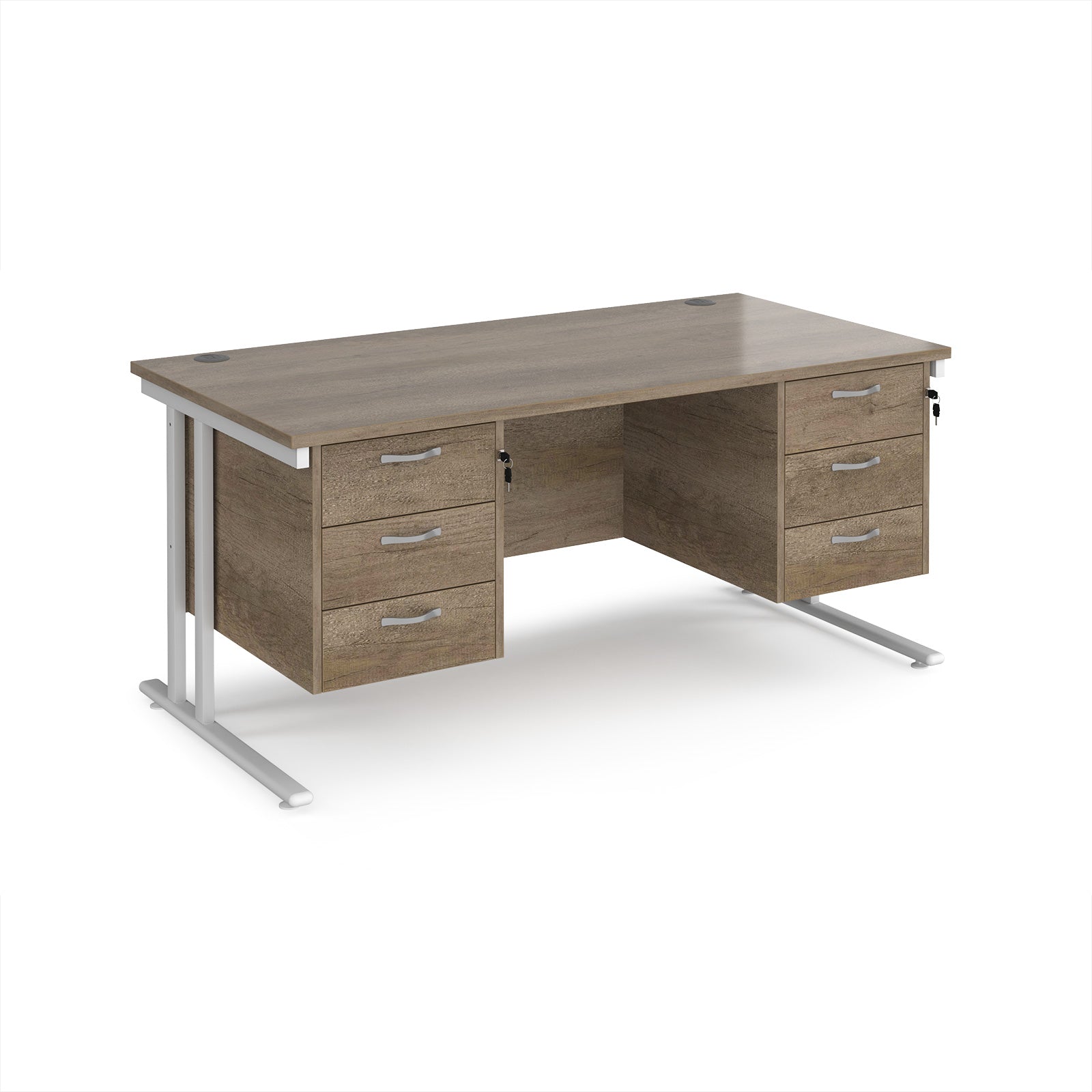 Office desk with wood-effect top and two matching pedestals with white frame on a white background