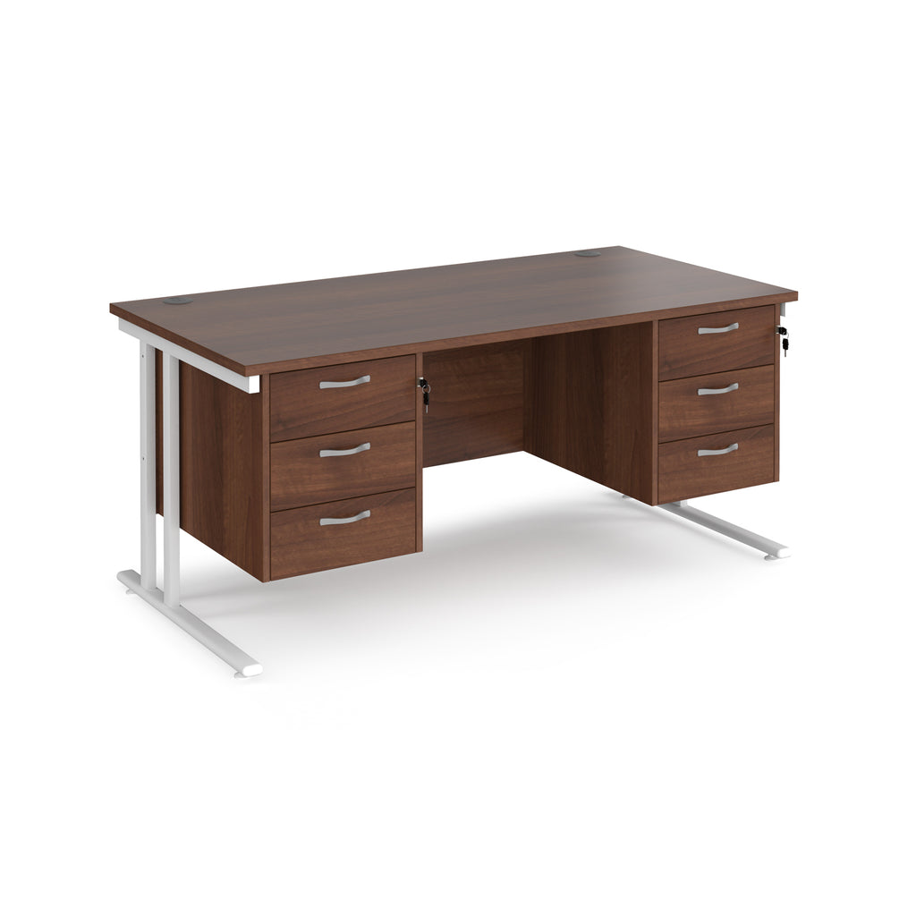 Office desk with wood-effect top and two matching pedestals with white frame on a white background