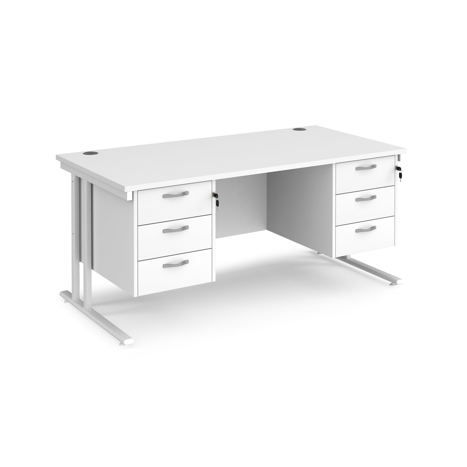 White office desk with two pedestals and metal frame on a white background