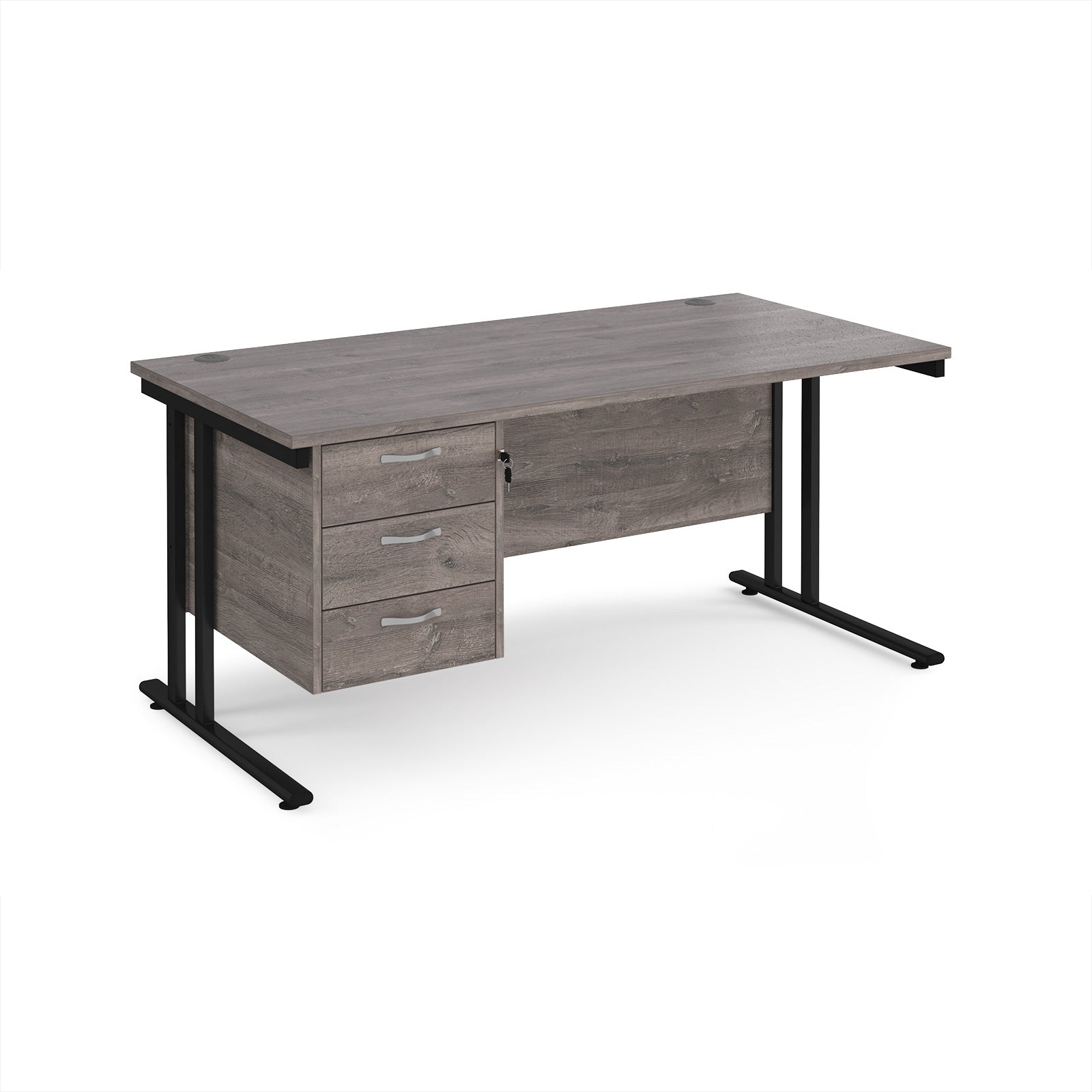 Wooden desk with black legs and three drawers on a white background