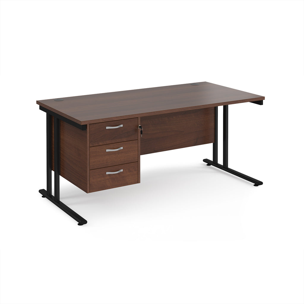 Wooden desk with black legs and fixed pedestal on a white background