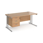 Wooden office desk with silver legs and fixed pedestal on a white background