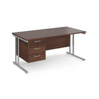 Wooden desk with silver legs and fixed pedestal on a white background