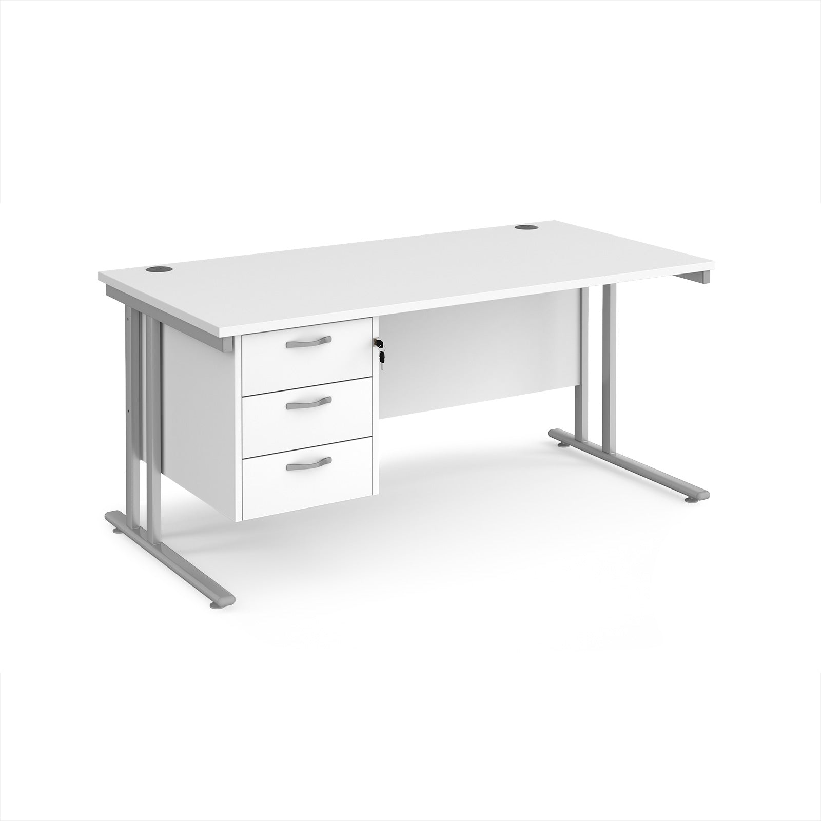 White office desk with silver legs and fixed pedestal on a white background