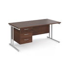 Wooden office desk with silver legs and fixed pedestal on a white background