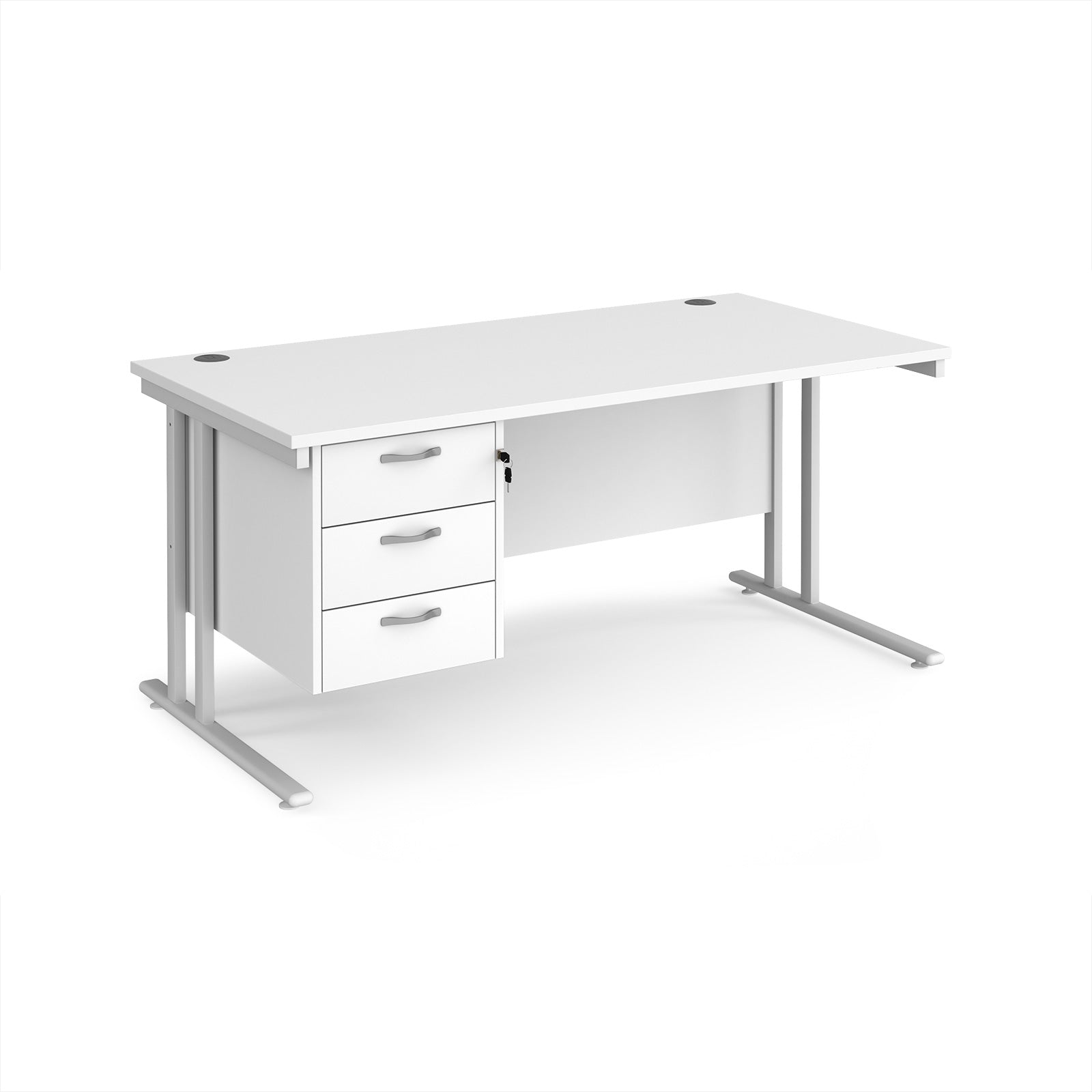 White office desk with silver legs and fixed pedestal on a white background