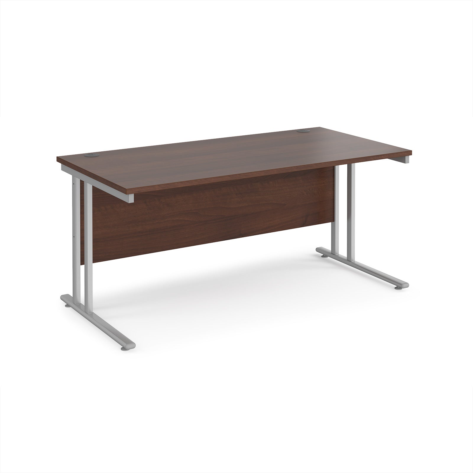 Wooden desk with silver metal legs on a white background