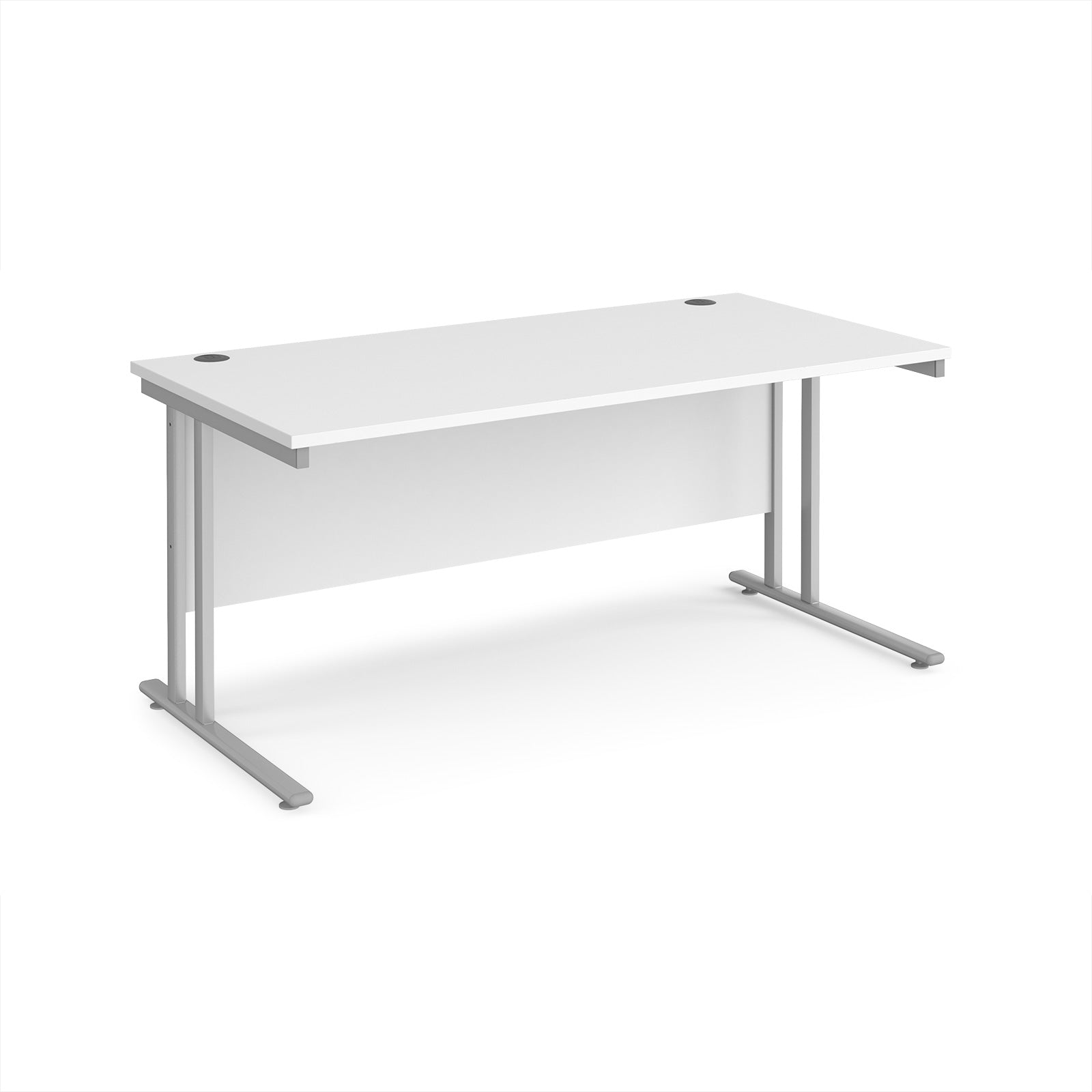 White office desk with silver legs on a white background