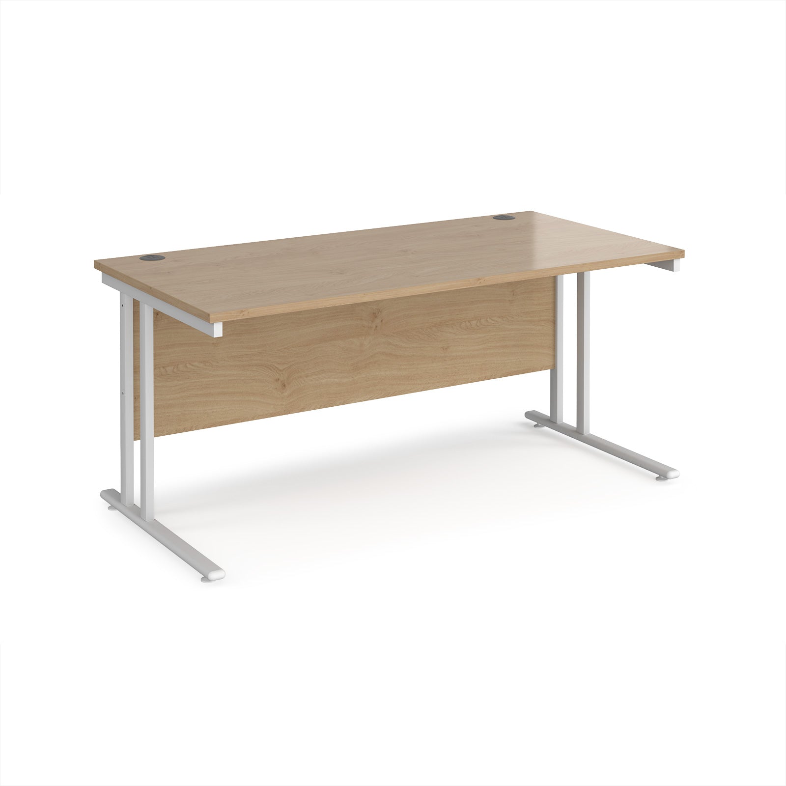Wooden office desk with white legs on a white background