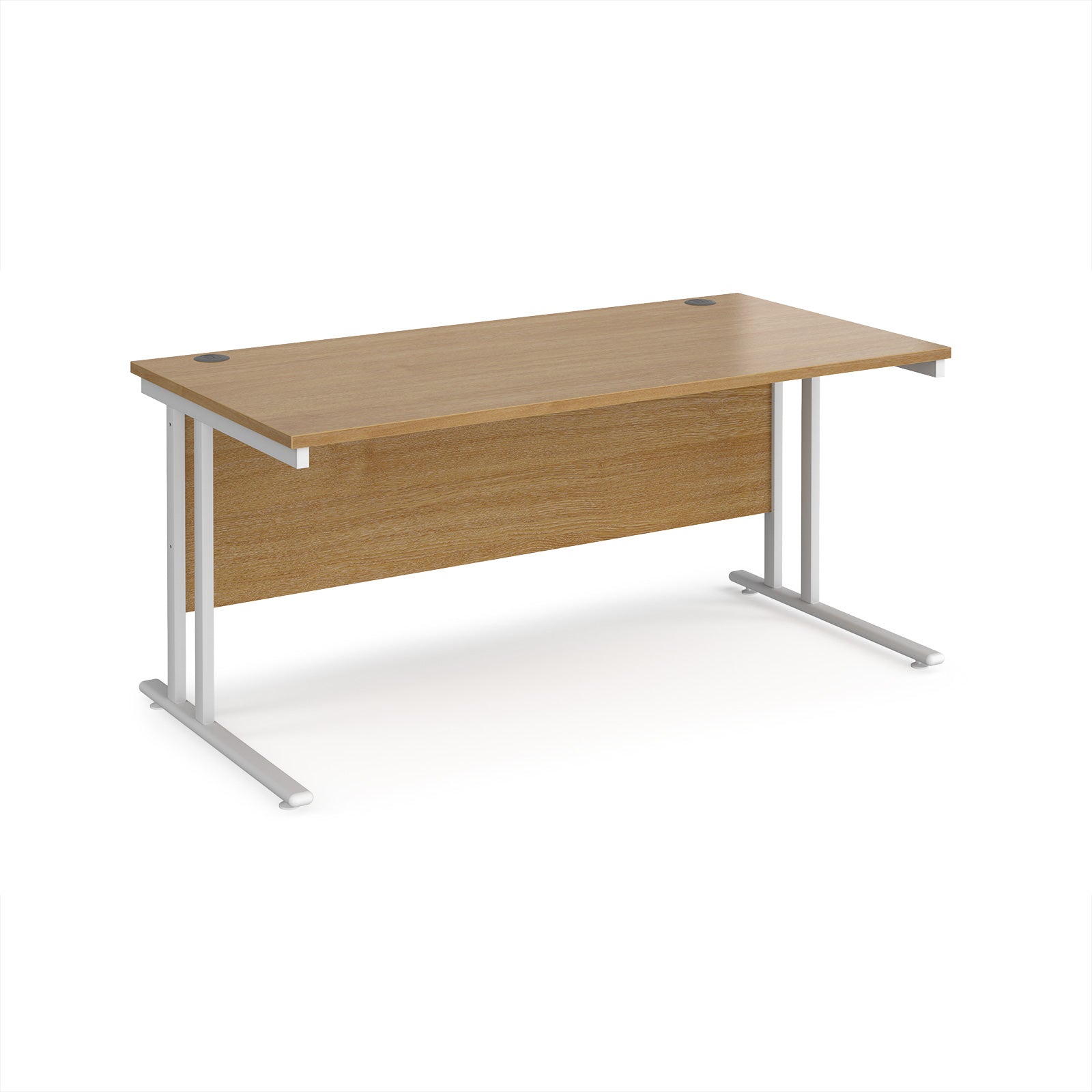 Wooden desk with white metal legs on a white background
