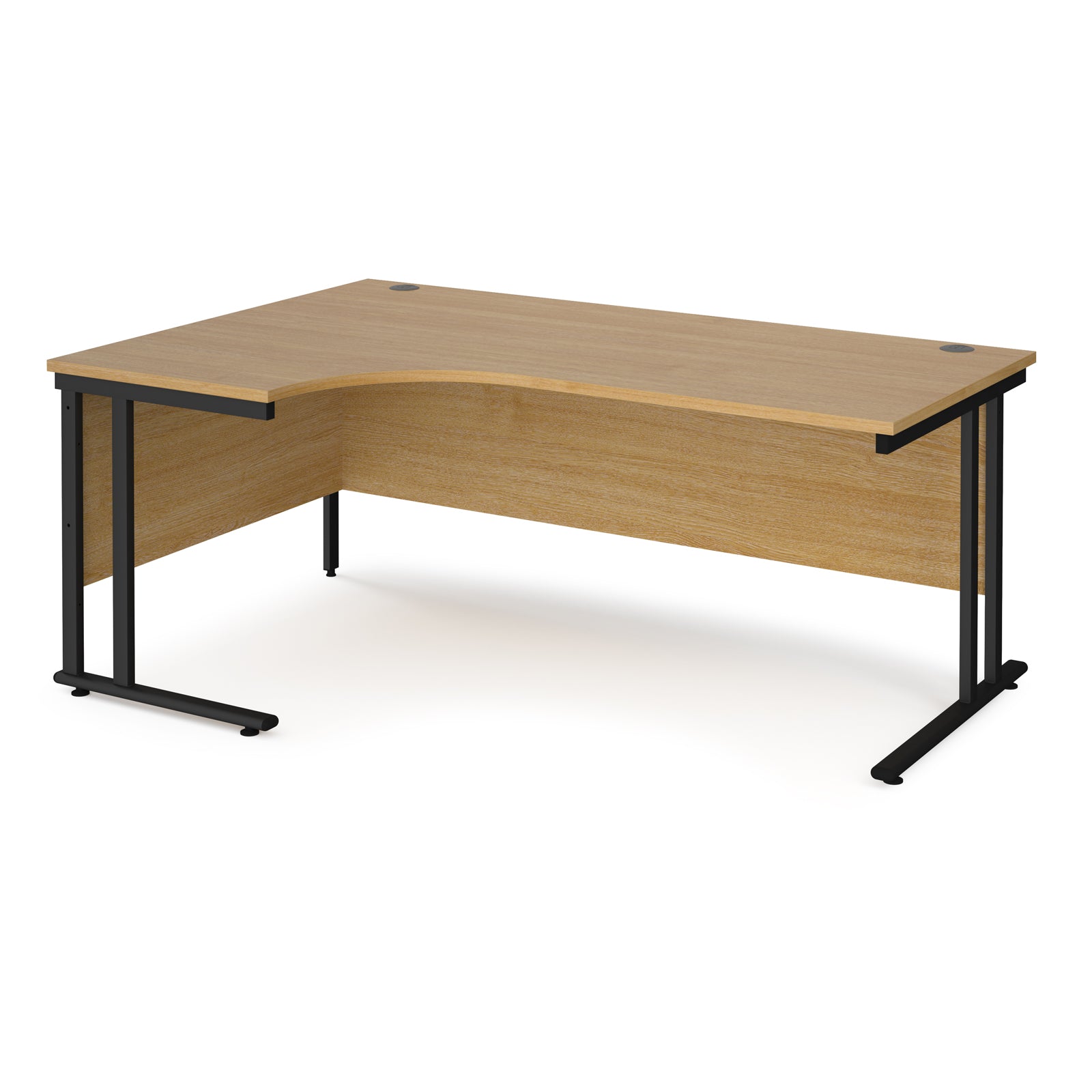 Corner office desk with wooden surface and black metal legs on a white background