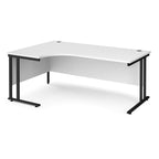 White corner desk with black legs on a white background