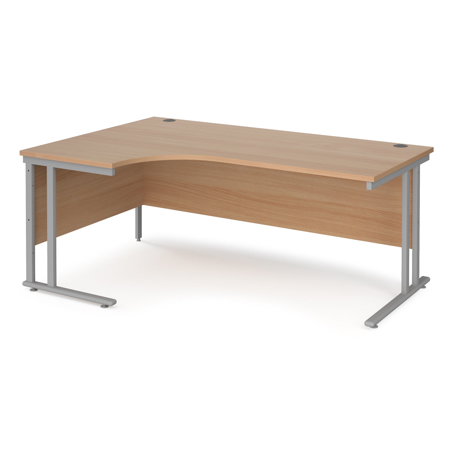 Wooden corner desk with metal legs on a white background