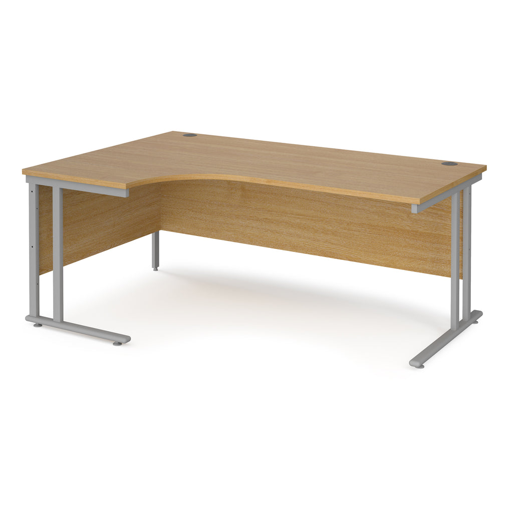 Wooden corner desk with metal legs on a white background