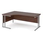 Wooden corner desk with silver metal legs on a white background