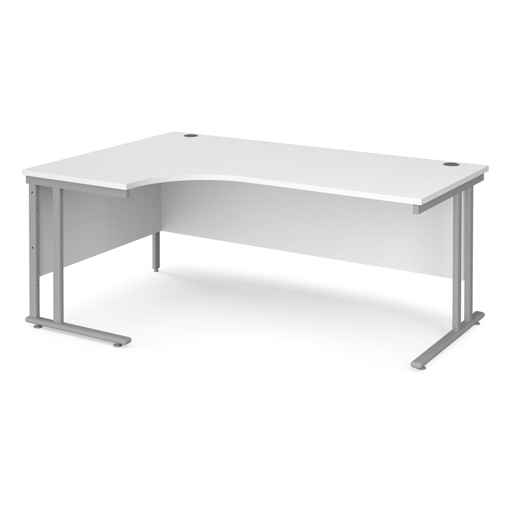 White corner desk with silver metal legs on a white background