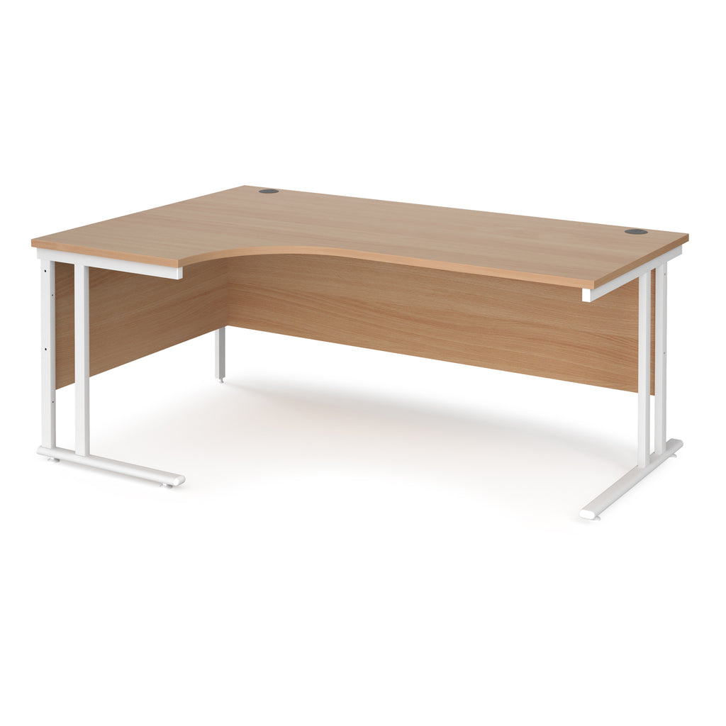 Wooden corner desk with white metal legs on a white background