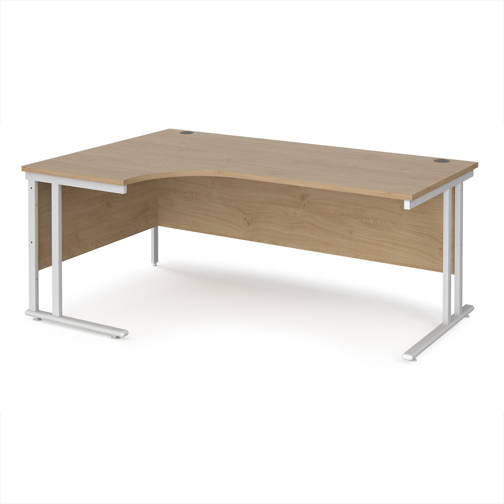 Wooden corner desk with white metal legs on a white background