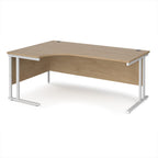 Wooden corner desk with white metal legs on a white background