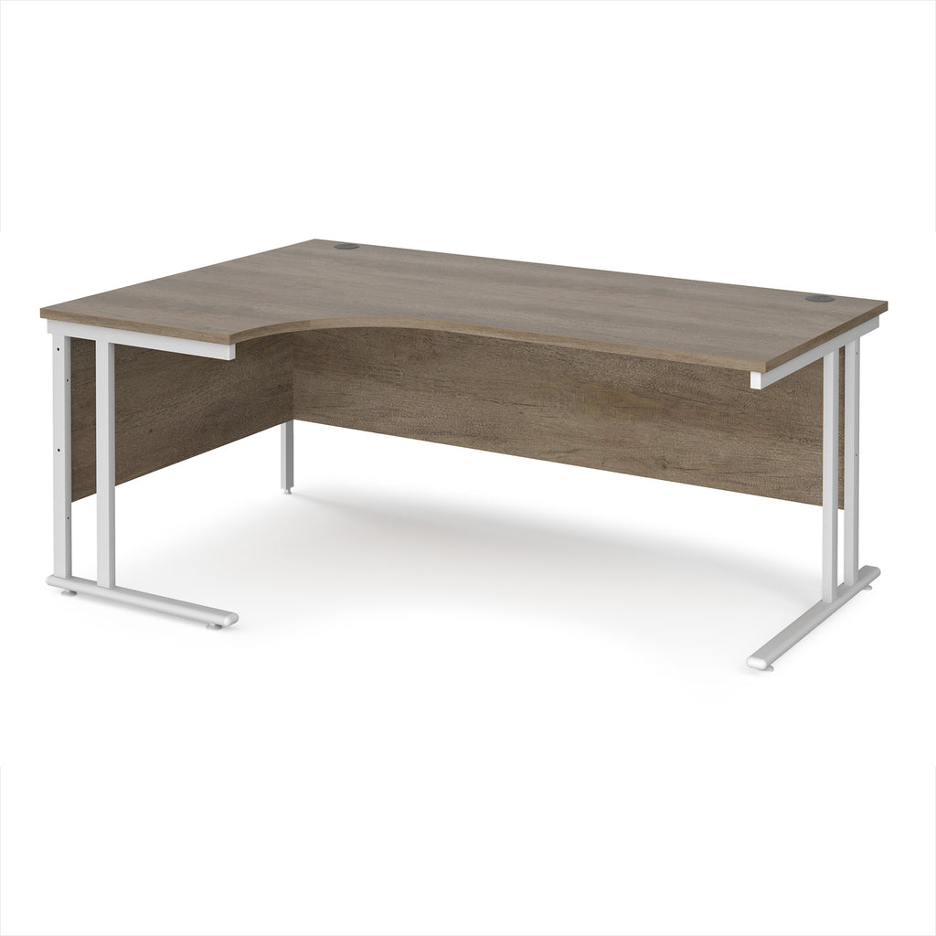Corner office desk with wooden top and white metal legs on a white background