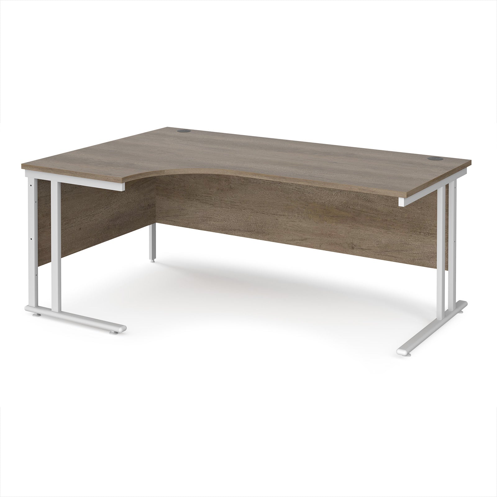 Corner office desk with wooden top and white metal legs on a white background