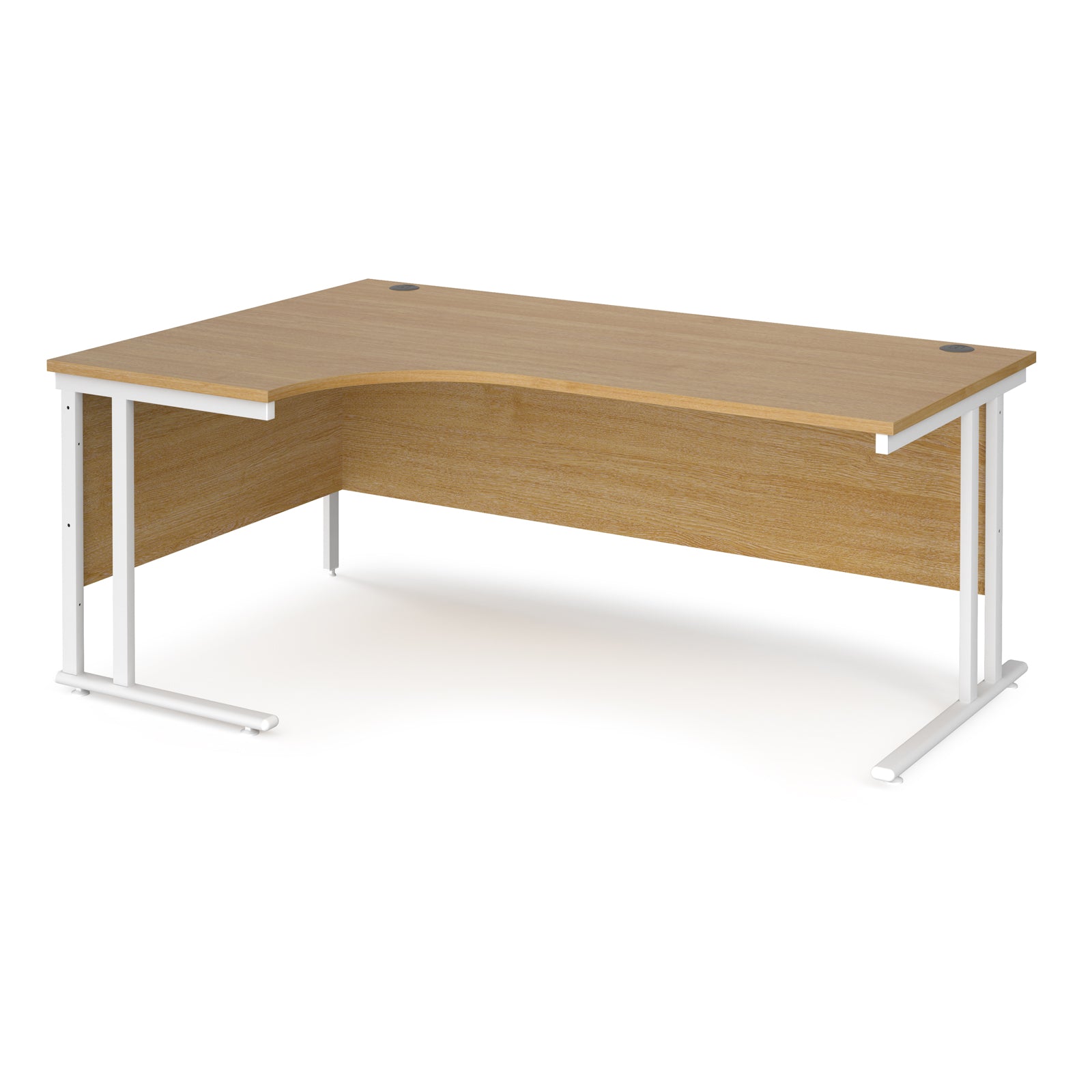 Wooden corner desk with white metal legs on a white background