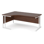 Wooden corner desk with white metal legs on a white background