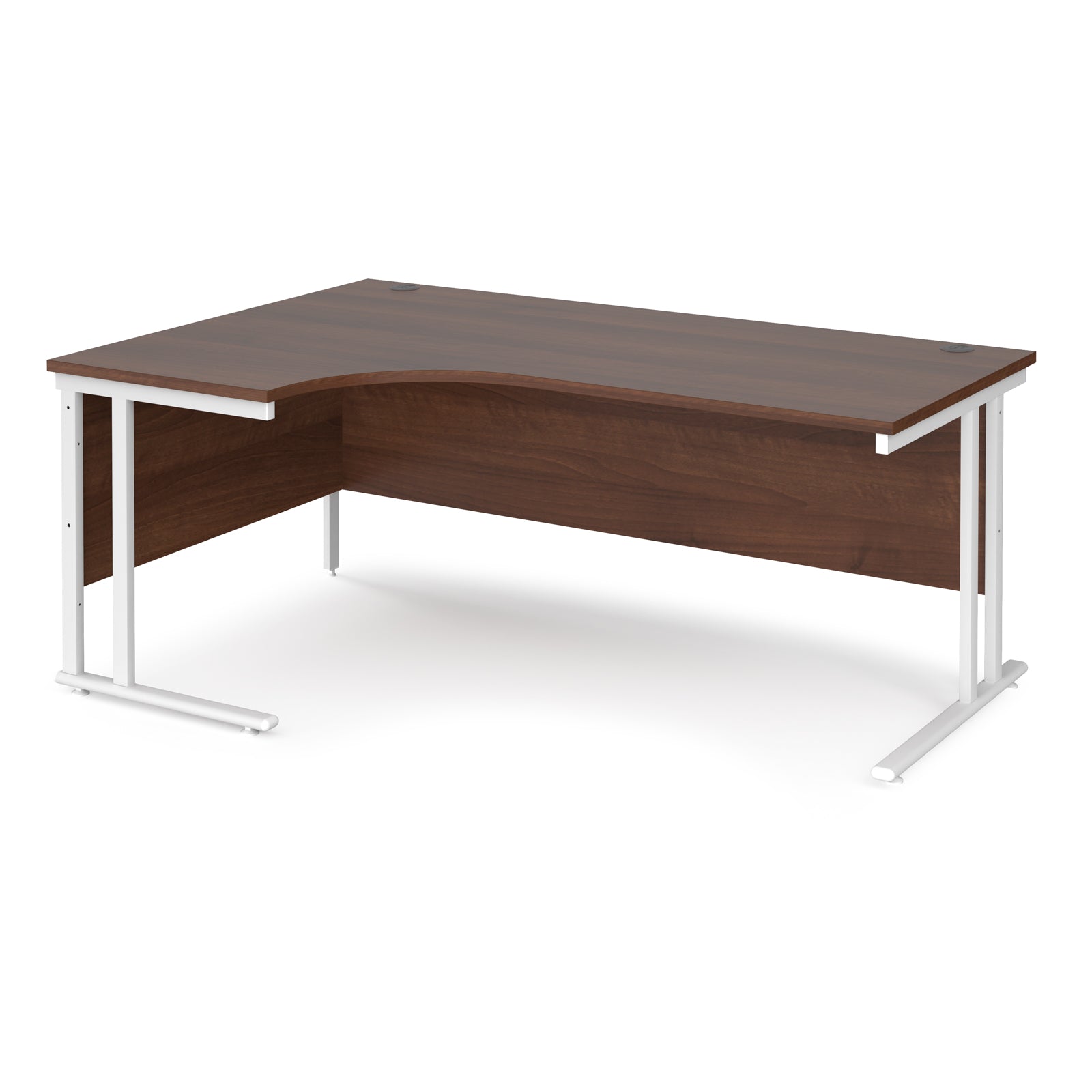 Wooden corner desk with white metal legs on a white background