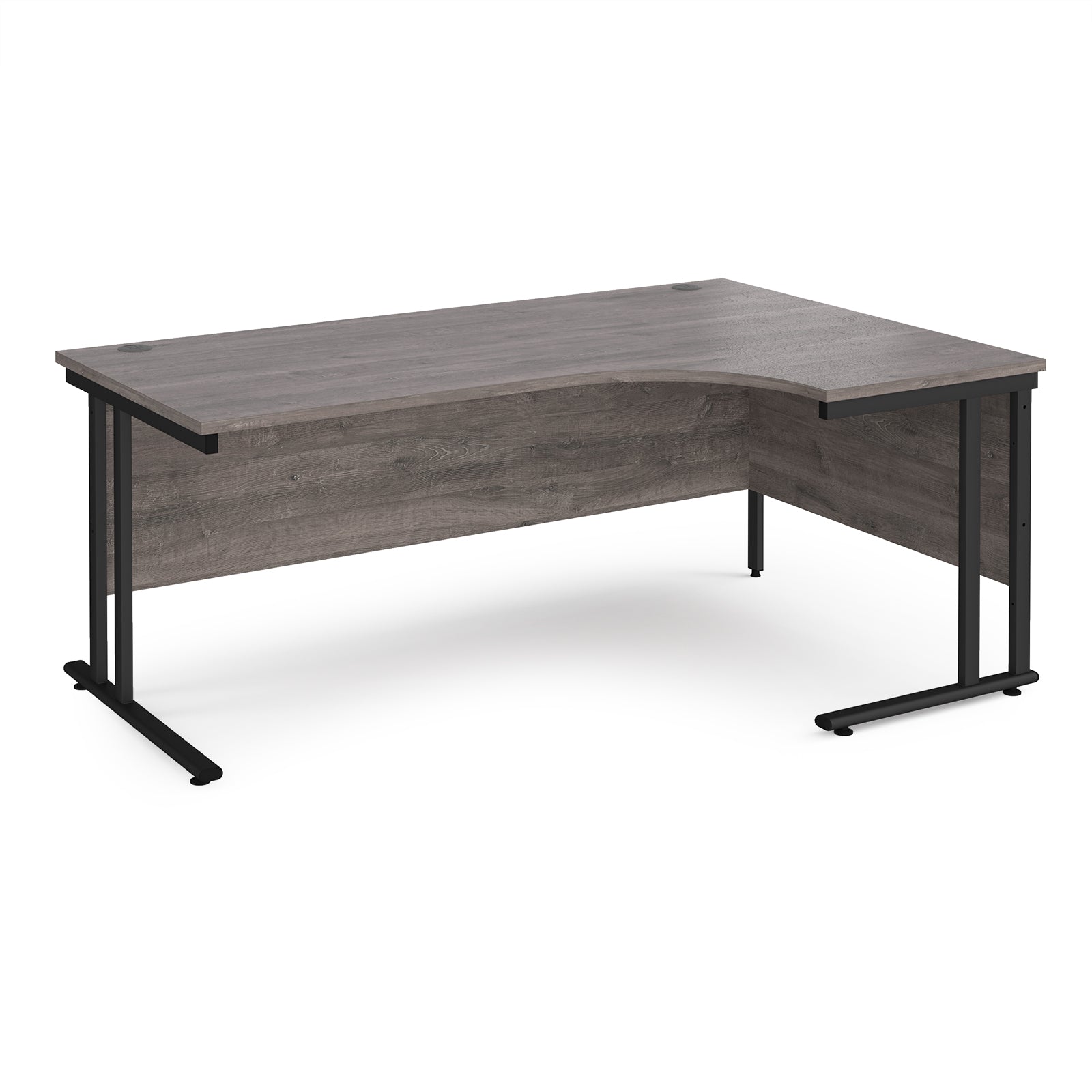 Corner office desk with wooden surface and black metal legs on a white background