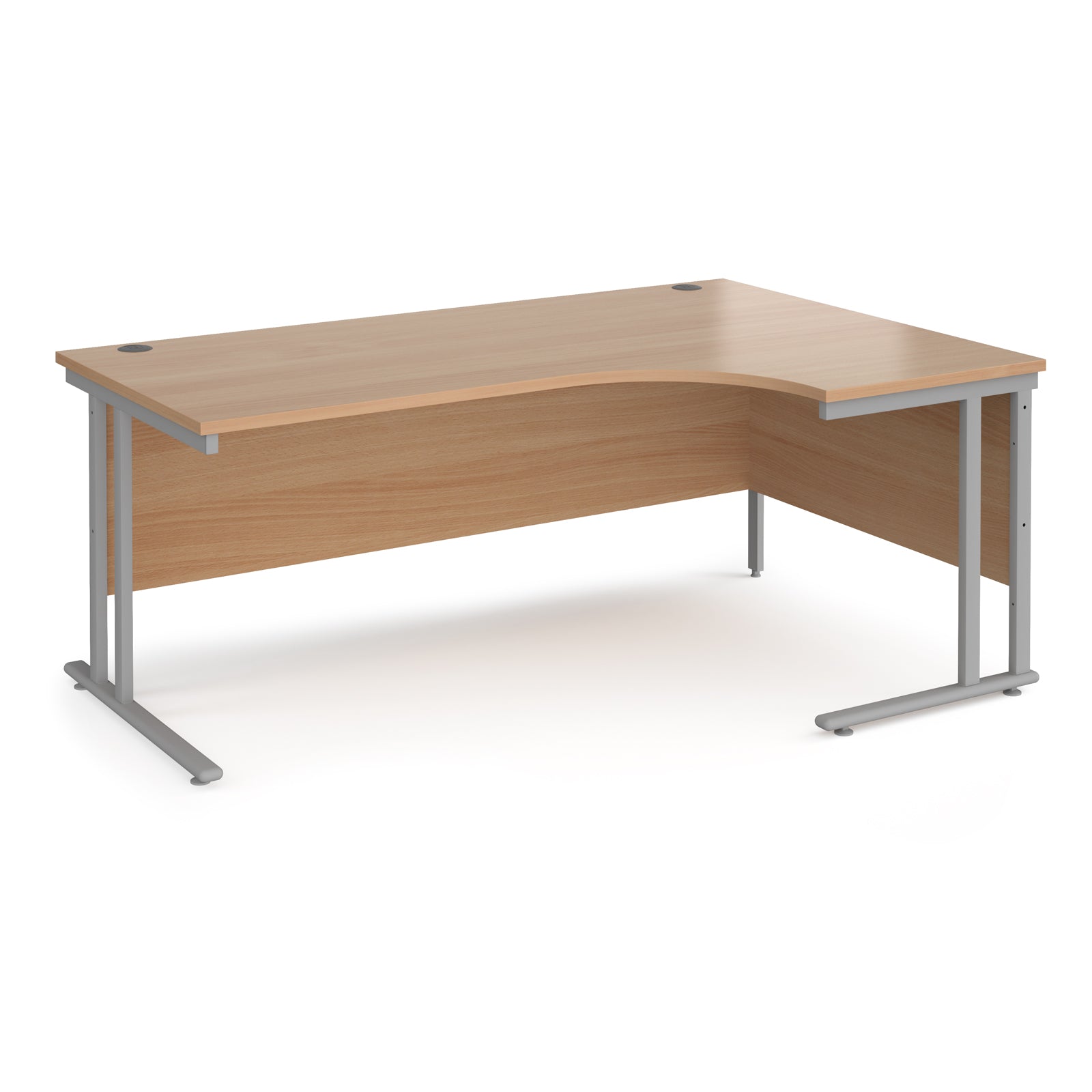 Wooden corner desk with metal legs on a white background
