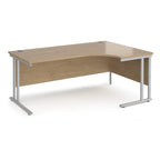 Wooden corner desk with metal legs on a white background