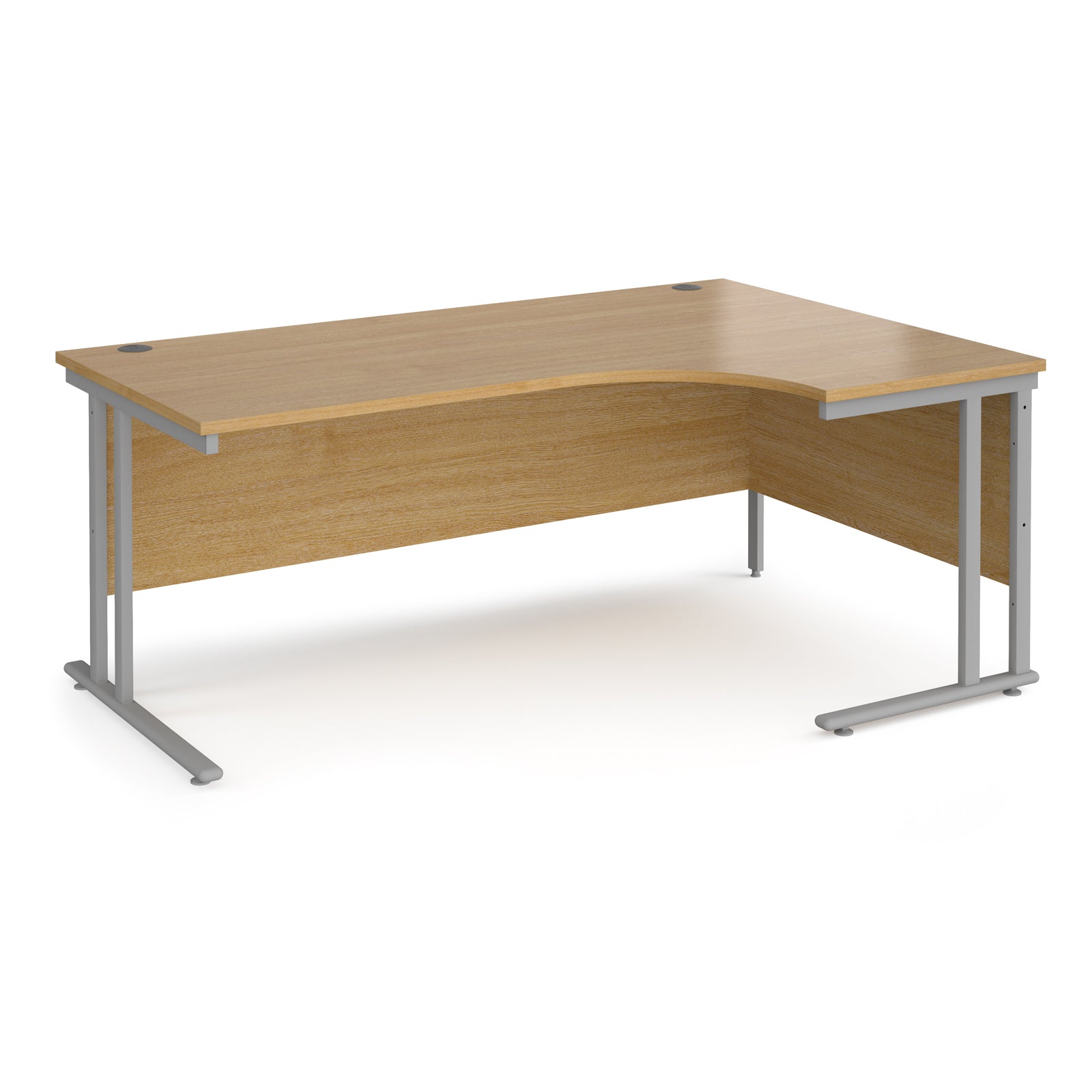 Wooden corner desk with metal legs on a white background