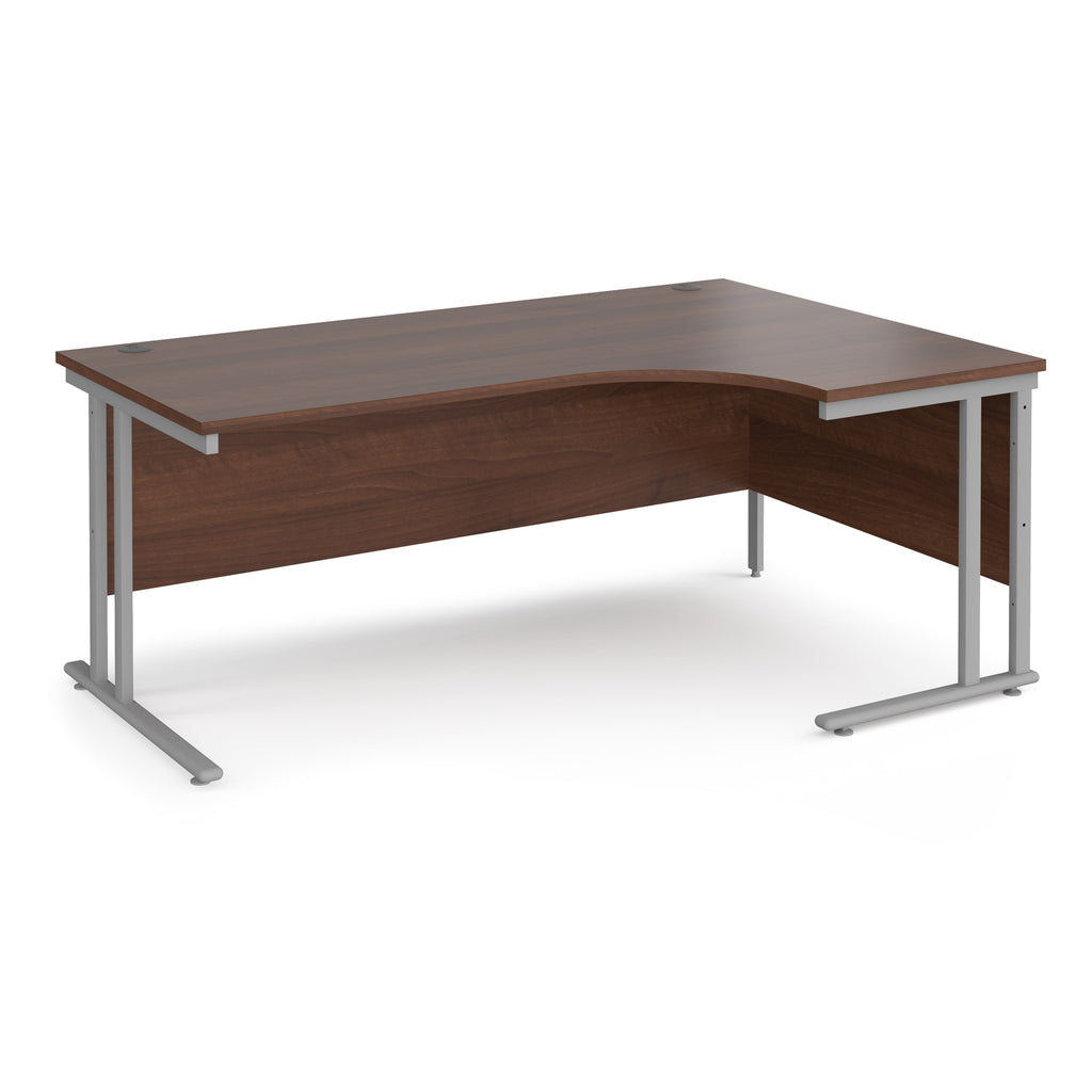 Wooden corner desk with metal legs on a white background