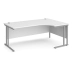 White corner desk with silver legs on a white background