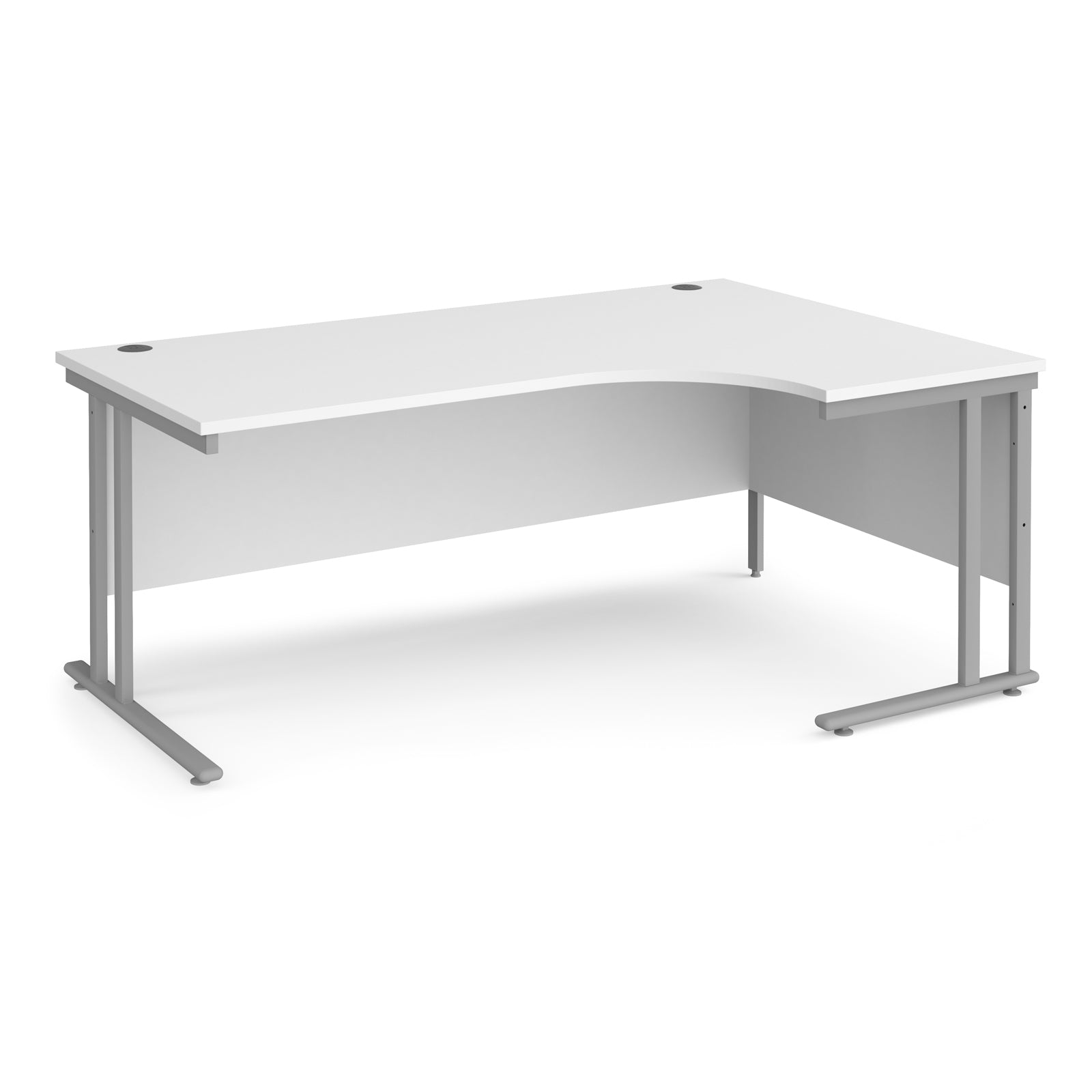 White corner desk with silver legs on a white background