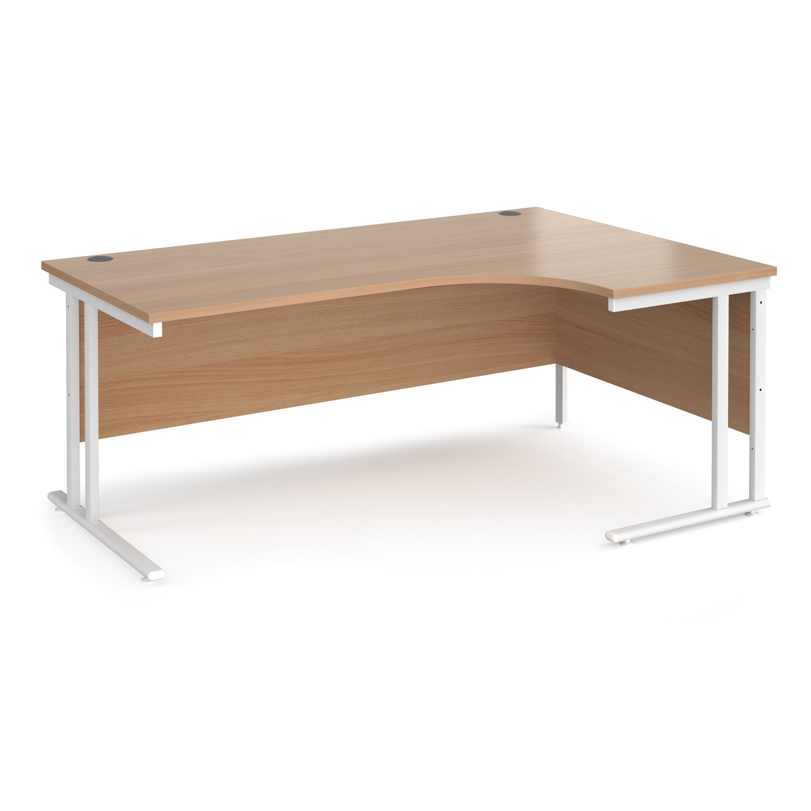Wooden corner desk with white metal legs on a white background