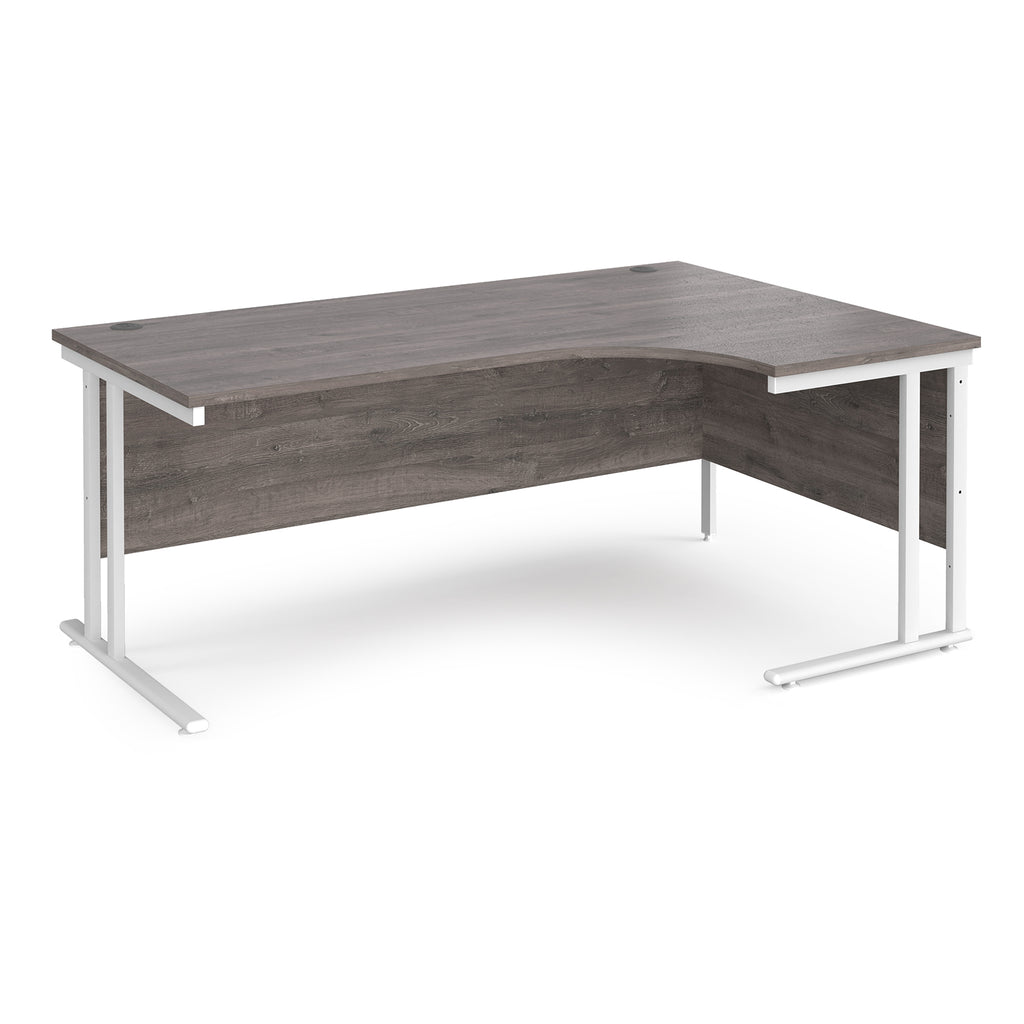 Corner office desk with wooden surface and white metal frame on a white background