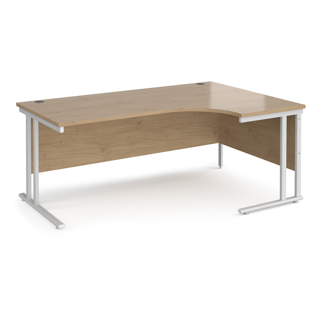 Wooden corner desk with metal legs on a white background