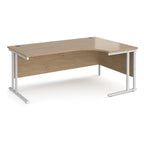 Wooden corner desk with metal legs on a white background