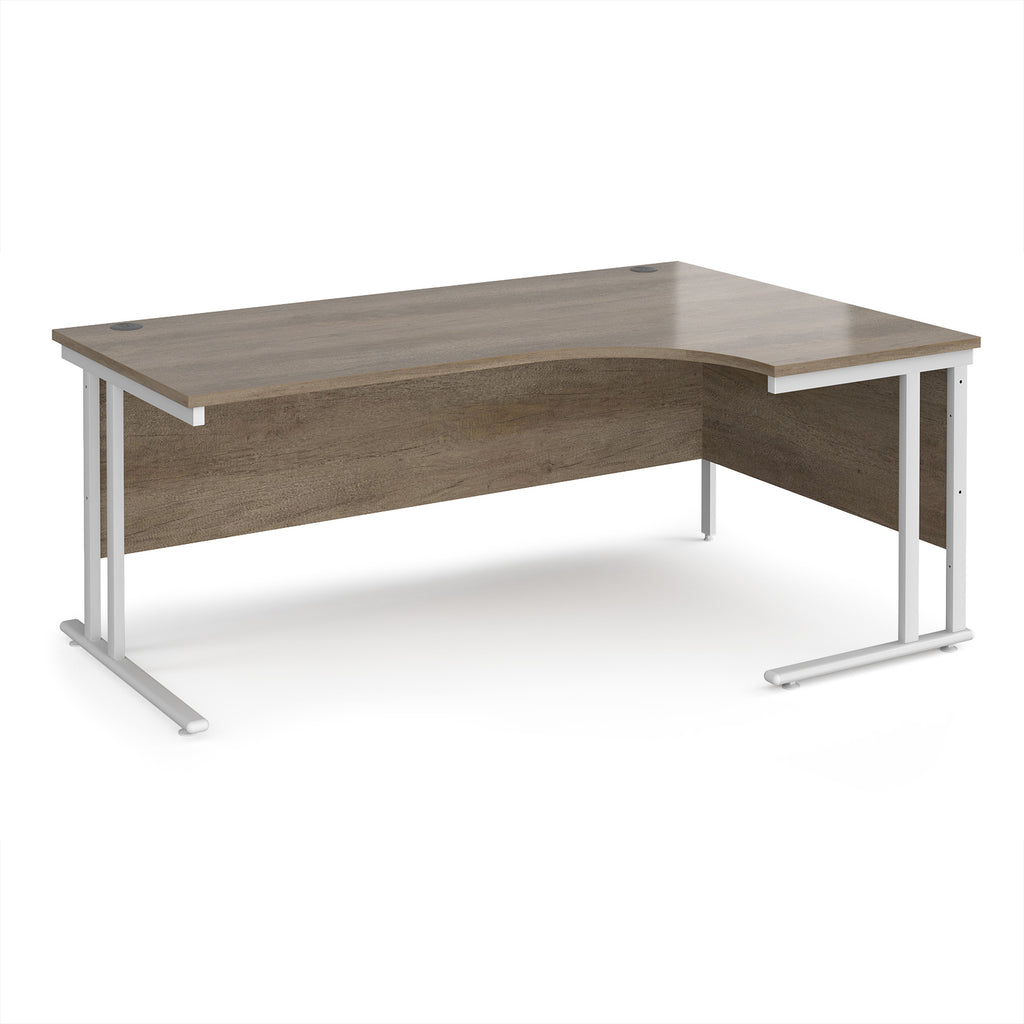 Corner office desk with wooden top and metal frame on a white background