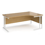 Wooden corner desk with white metal frame on a white background