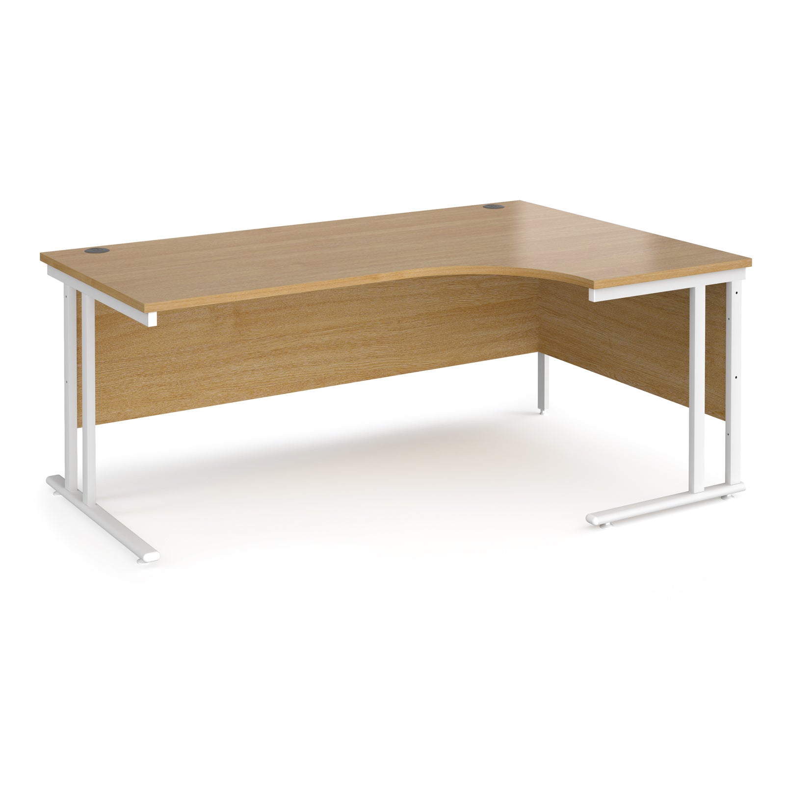 Wooden corner desk with white metal frame on a white background