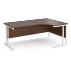 Wooden corner desk with white metal legs on a white background