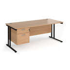 Wooden office desk with two drawers and metal legs on a white background