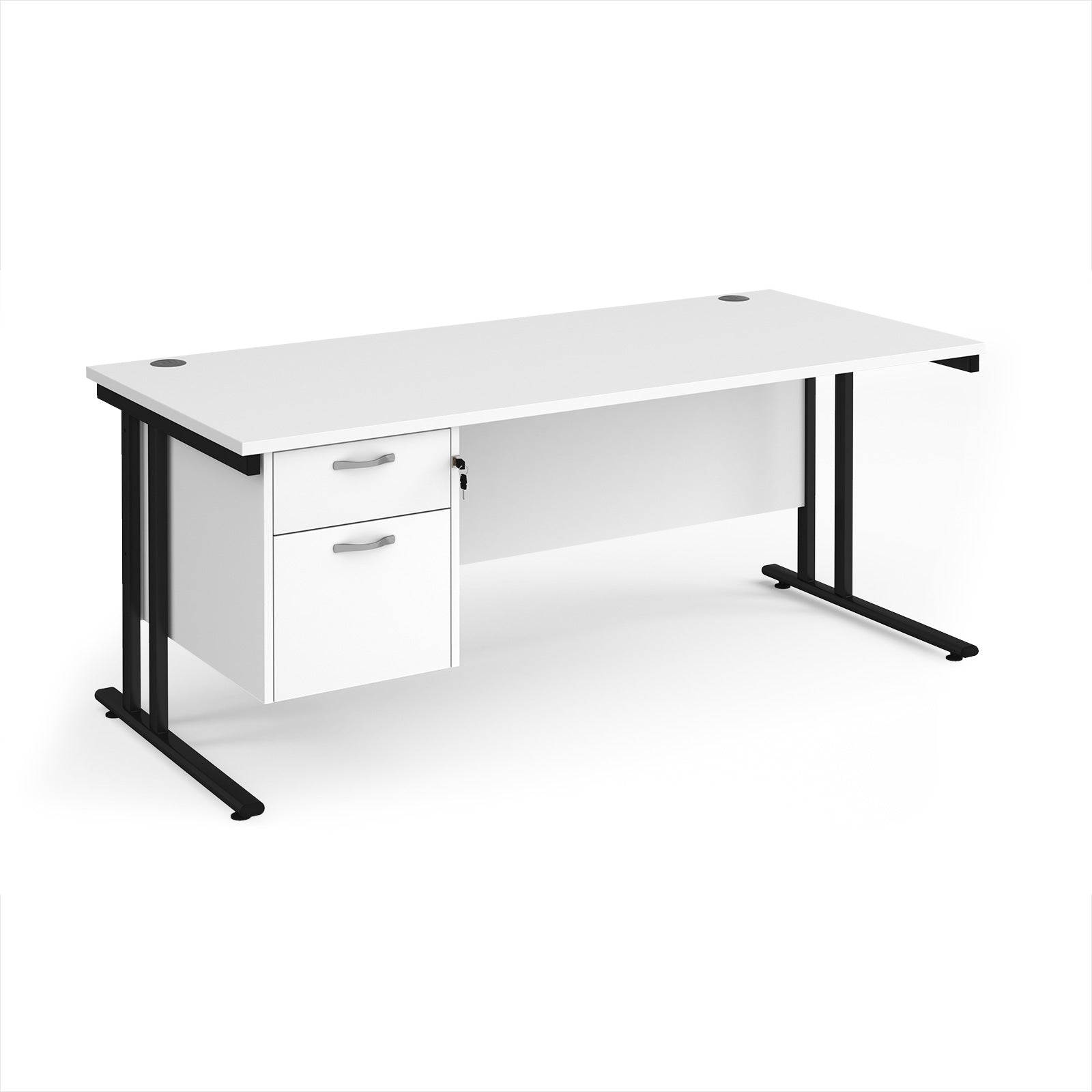 Wooden office desk with two drawers and metal legs on a white background