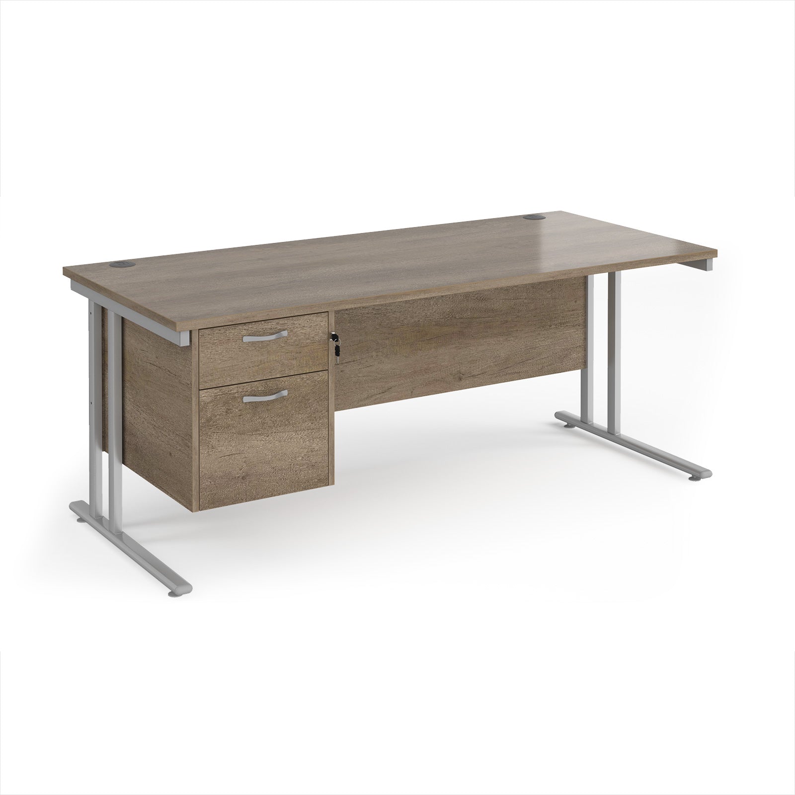 Wooden office desk with two drawers and metal legs on a white background